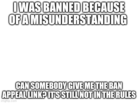 Blank White Template | I WAS BANNED BECAUSE OF A MISUNDERSTANDING; CAN SOMEBODY GIVE ME THE BAN APPEAL LINK? IT'S STILL NOT IN THE RULES | image tagged in blank white template | made w/ Imgflip meme maker