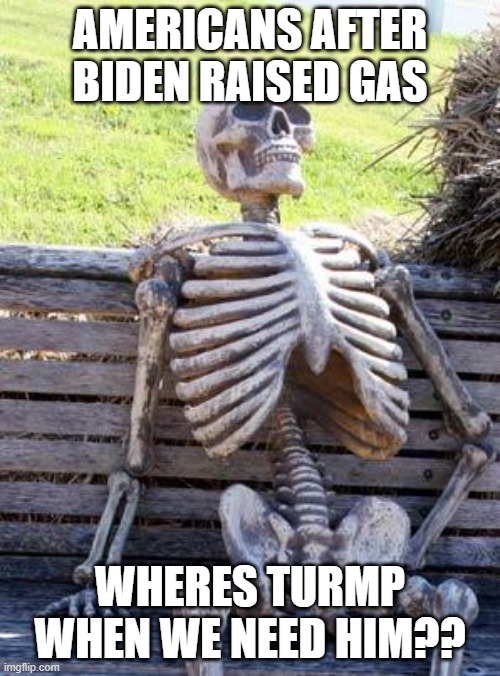 Waiting Skeleton Meme | AMERICANS AFTER BIDEN RAISED GAS; WHERES TURMP WHEN WE NEED HIM?? | image tagged in memes,waiting skeleton | made w/ Imgflip meme maker