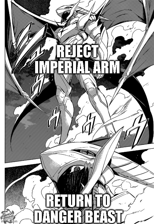 Incursio be like | REJECT IMPERIAL ARM; RETURN TO DANGER BEAST | image tagged in akame ga kill | made w/ Imgflip meme maker