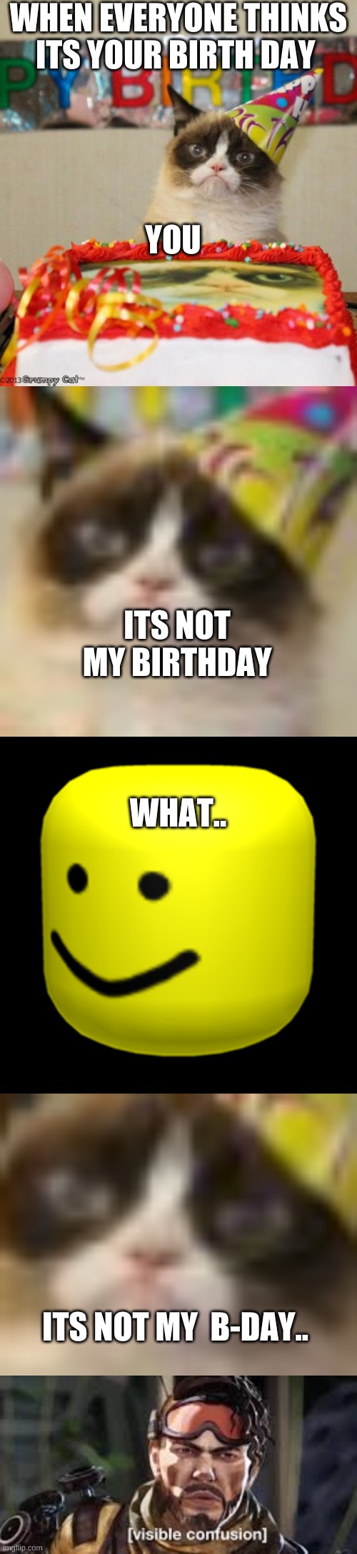 WHEN EVERYONE THINKS ITS YOUR BIRTH DAY; YOU; ITS NOT MY BIRTHDAY; WHAT.. ITS NOT MY  B-DAY.. | image tagged in memes,grumpy cat birthday,roblox oof,confused mirage | made w/ Imgflip meme maker