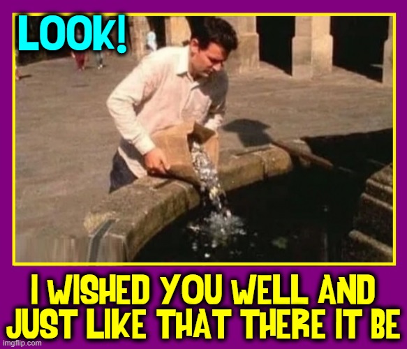 Wishing You Well at the Wishing Well | LOOK! I WISHED YOU WELL AND
JUST LIKE THAT THERE IT BE | image tagged in vince vance,wishing well,i wish,3 wishes,memes,coins | made w/ Imgflip meme maker