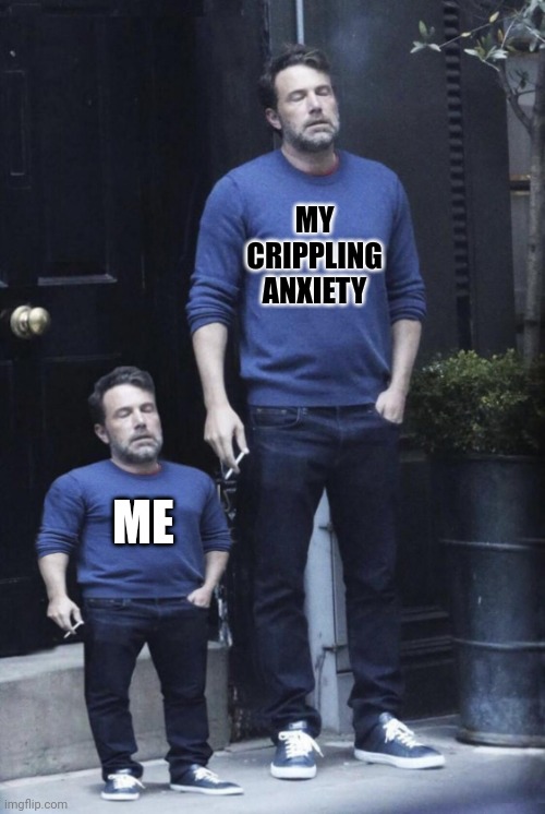 Anxiety | MY CRIPPLING ANXIETY; ME | image tagged in social anxiety,anxiety | made w/ Imgflip meme maker