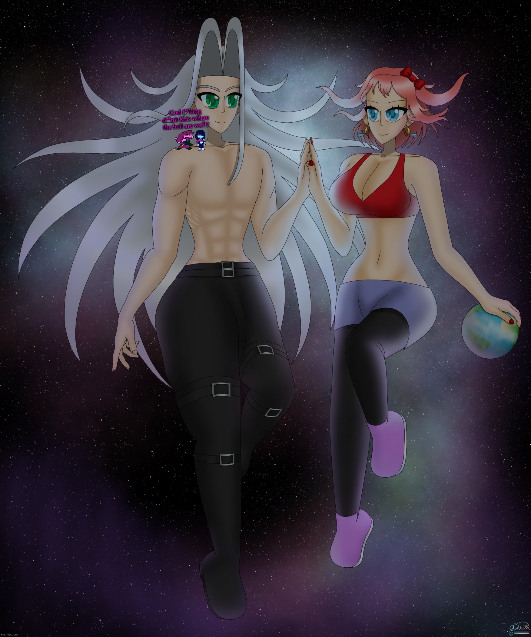 Sayori and Sephiroth | God f**king d**nit Kris where the hell are we?!? | image tagged in sayori and sephiroth | made w/ Imgflip meme maker