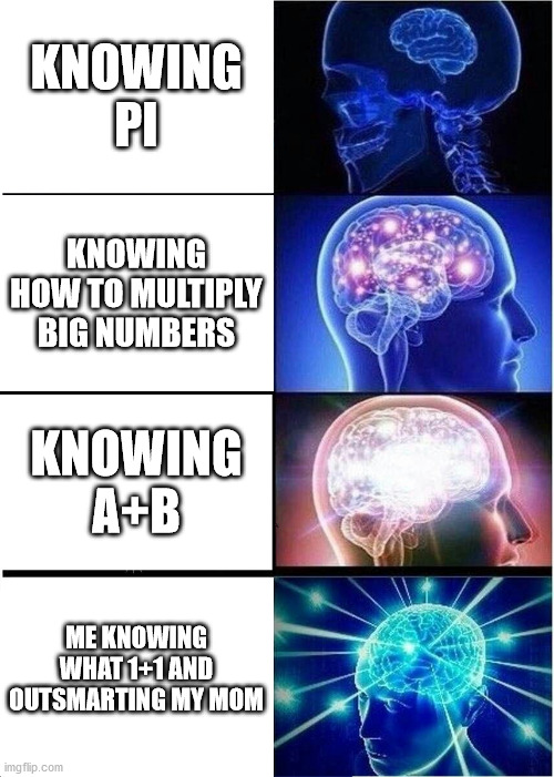 Expanding Brain | KNOWING PI; KNOWING HOW TO MULTIPLY BIG NUMBERS; KNOWING A+B; ME KNOWING WHAT 1+1 AND OUTSMARTING MY MOM | image tagged in memes,expanding brain | made w/ Imgflip meme maker