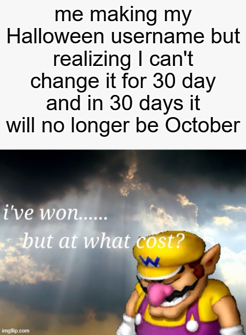 why can't i change my username for 30 days?! | me making my Halloween username but realizing I can't change it for 30 day and in 30 days it will no longer be October | image tagged in i've won but at what cost | made w/ Imgflip meme maker