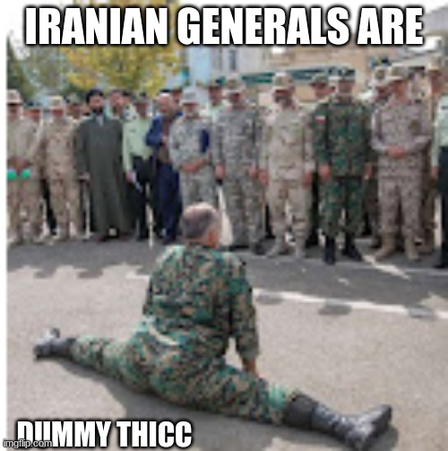 lmfao yes | IRANIAN GENERALS ARE; DUMMY THICC | image tagged in ass,iran,military,thicc,funny | made w/ Imgflip meme maker