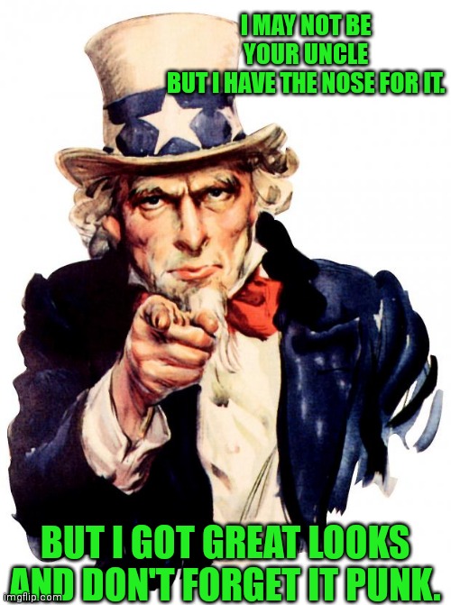 Uncle Sam Meme | I MAY NOT BE YOUR UNCLE
BUT I HAVE THE NOSE FOR IT. BUT I GOT GREAT LOOKS AND DON'T FORGET IT PUNK. | image tagged in memes,uncle sam | made w/ Imgflip meme maker