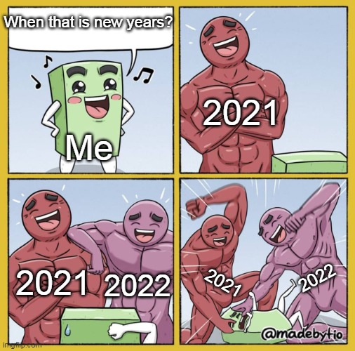 Happy new years is 2022 | When that is new years? 2021; Me; 2022; 2021; 2022; 2021 | image tagged in guy getting beat up | made w/ Imgflip meme maker
