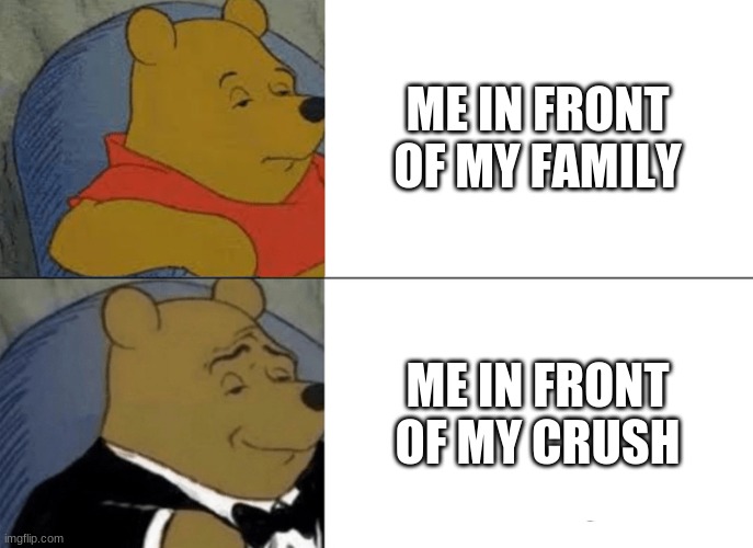 Tuxedo Winnie The Pooh Meme |  ME IN FRONT OF MY FAMILY; ME IN FRONT OF MY CRUSH | image tagged in memes,tuxedo winnie the pooh | made w/ Imgflip meme maker
