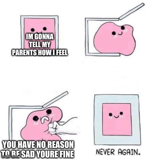 :) | IM GONNA TELL MY PARENTS HOW I FEEL; YOU HAVE NO REASON TO BE SAD YOURE FINE | image tagged in never again | made w/ Imgflip meme maker