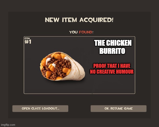 why am i so disapointing :D | THE CHICKEN BURRITO; PROOF THAT I HAVE NO CREATIVE HUMOUR | image tagged in you got tf2 shit | made w/ Imgflip meme maker