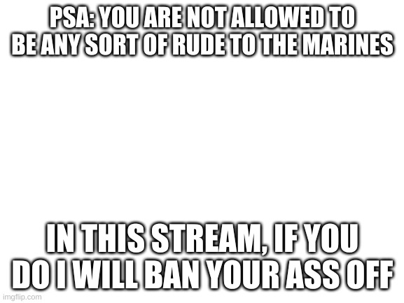 Blank White Template |  PSA: YOU ARE NOT ALLOWED TO BE ANY SORT OF RUDE TO THE MARINES; IN THIS STREAM, IF YOU DO I WILL BAN YOUR ASS OFF | image tagged in blank white template | made w/ Imgflip meme maker