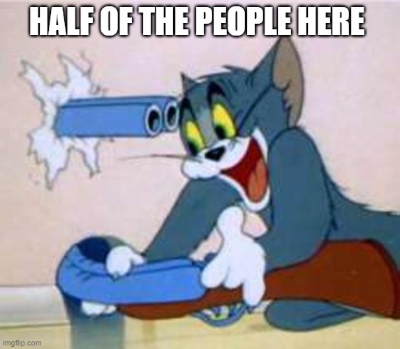 tom the cat shooting himself  | HALF OF THE PEOPLE HERE | image tagged in tom the cat shooting himself | made w/ Imgflip meme maker
