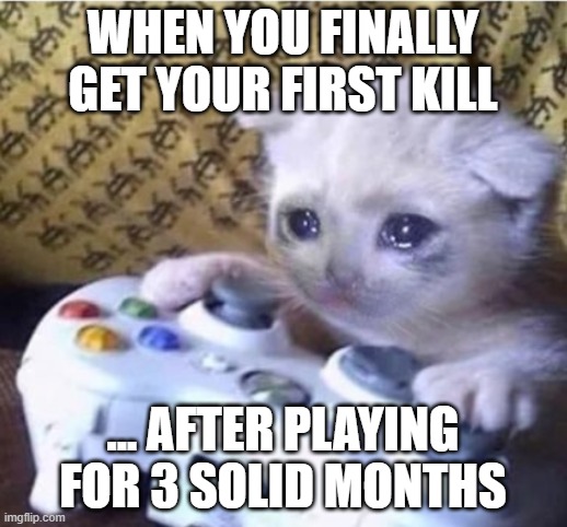 Me at every online battle royale games | WHEN YOU FINALLY GET YOUR FIRST KILL; ... AFTER PLAYING FOR 3 SOLID MONTHS | image tagged in cat cry | made w/ Imgflip meme maker