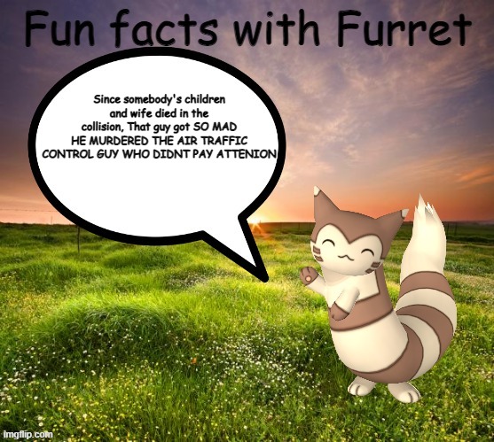 Fun facts with Furret | Since somebody's children and wife died in the collision, That guy got SO MAD HE MURDERED THE AIR TRAFFIC CONTROL GUY WHO DIDNT PAY ATTENION | image tagged in fun facts with furret | made w/ Imgflip meme maker
