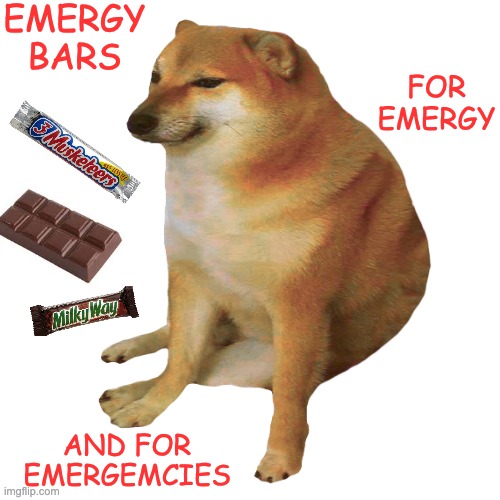 Cheems is nutritionist |  EMERGY BARS; FOR EMERGY; AND FOR EMERGEMCIES | image tagged in cheems,chocolate,candy,nutrition | made w/ Imgflip meme maker