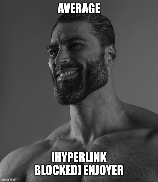 Giga Chad | AVERAGE [HYPERLINK BLOCKED] ENJOYER | image tagged in giga chad | made w/ Imgflip meme maker