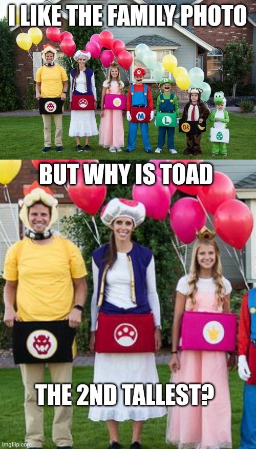 THE MOM SHOULD HAVE BEEN YOSHI IT MAYBE EVEN DK | I LIKE THE FAMILY PHOTO; BUT WHY IS TOAD; THE 2ND TALLEST? | image tagged in super mario bros,donkey kong,halloween,spooktober,yoshi,cosplay | made w/ Imgflip meme maker