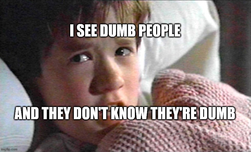 I See Dumb People | I SEE DUMB PEOPLE; AND THEY DON'T KNOW THEY'RE DUMB | image tagged in 6th sense | made w/ Imgflip meme maker