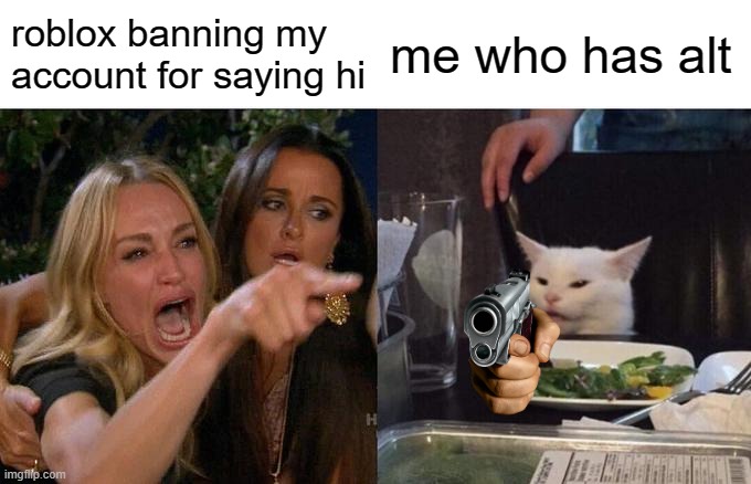 Woman Yelling At Cat | roblox banning my account for saying hi; me who has alt | image tagged in memes,woman yelling at cat | made w/ Imgflip meme maker