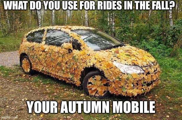 Time for a fall drive? | WHAT DO YOU USE FOR RIDES IN THE FALL? YOUR AUTUMN MOBILE | image tagged in dad joke,bad pun,funny | made w/ Imgflip meme maker