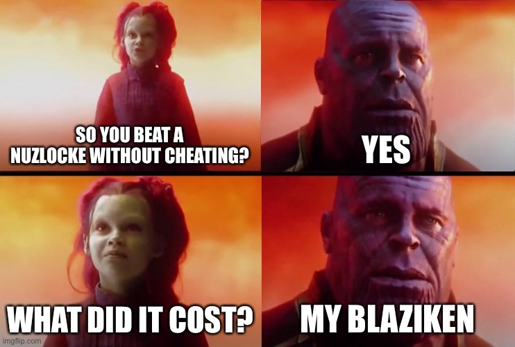 I can explain cause I said I beat other nuzlocke runs | SO YOU BEAT A NUZLOCKE WITHOUT CHEATING? YES; WHAT DID IT COST? MY BLAZIKEN | image tagged in thanos what did it cost | made w/ Imgflip meme maker