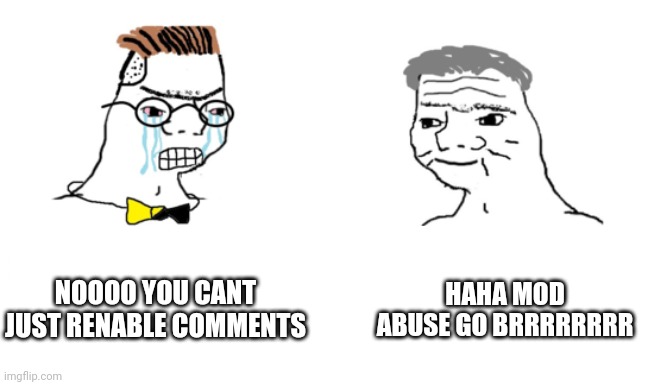 noooo you can't just | NOOOO YOU CANT JUST RENABLE COMMENTS; HAHA MOD ABUSE GO BRRRRRRRR | image tagged in noooo you can't just | made w/ Imgflip meme maker