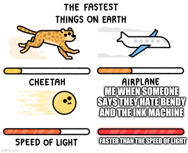 fastest thing possible | ME WHEN SOMEONE SAYS THEY HATE BENDY AND THE INK MACHINE; FASTER THAN THE SPEED OF LIGHT | image tagged in fastest thing possible | made w/ Imgflip meme maker