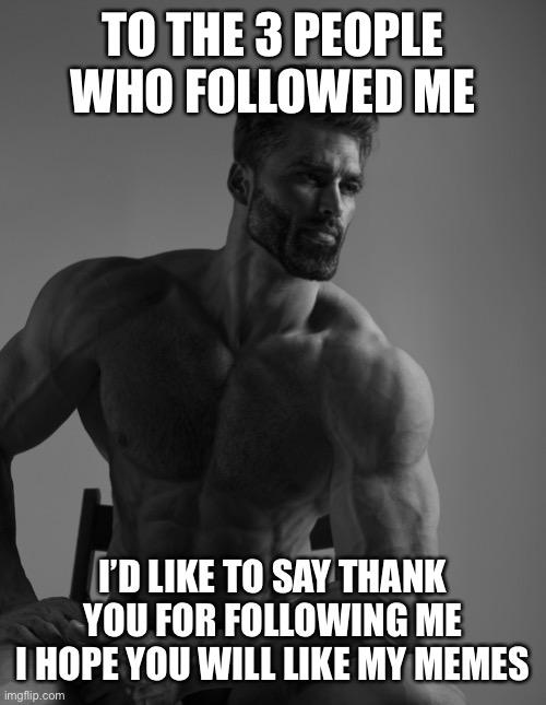 To the 3 new followers | TO THE 3 PEOPLE WHO FOLLOWED ME; I’D LIKE TO SAY THANK YOU FOR FOLLOWING ME
I HOPE YOU WILL LIKE MY MEMES | image tagged in giga chad,chad | made w/ Imgflip meme maker