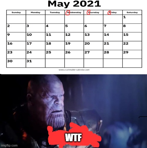Wednesday Thursday Friday = WTF |  WTF | image tagged in thanos impossible | made w/ Imgflip meme maker