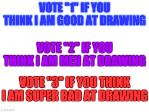 Blank White Template | VOTE "1" IF YOU THINK I AM GOOD AT DRAWING; VOTE "2" IF YOU THINK I AM MEH AT DRAWING; VOTE "3" IF YOU THINK I AM SUPER BAD AT DRAWING | image tagged in blank white template | made w/ Imgflip meme maker
