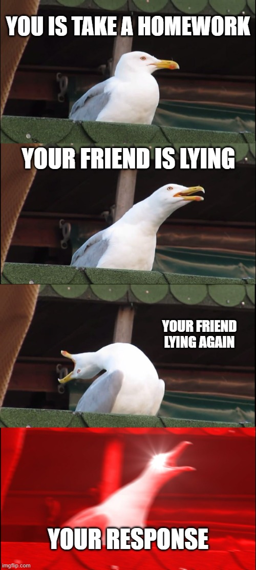 Inhaling Seaugul errr maybe not | YOU IS TAKE A HOMEWORK; YOUR FRIEND IS LYING; YOUR FRIEND LYING AGAIN; YOUR RESPONSE | image tagged in memes,inhaling seagull | made w/ Imgflip meme maker