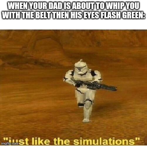 Just like the simulations | WHEN YOUR DAD IS ABOUT TO WHIP YOU WITH THE BELT THEN HIS EYES FLASH GREEN: | image tagged in just like the simulations | made w/ Imgflip meme maker