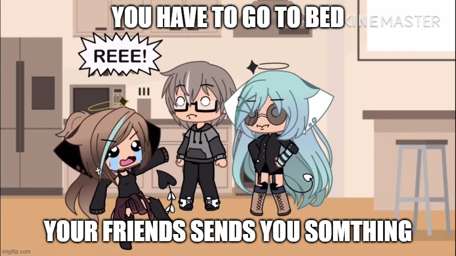 REEEEE | YOU HAVE TO GO TO BED; YOUR FRIENDS SENDS YOU SOMTHING | image tagged in reeeee | made w/ Imgflip meme maker