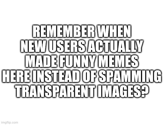 Blank White Template | REMEMBER WHEN NEW USERS ACTUALLY MADE FUNNY MEMES HERE INSTEAD OF SPAMMING TRANSPARENT IMAGES? | image tagged in blank white template | made w/ Imgflip meme maker