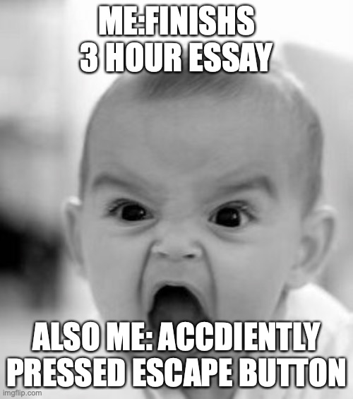 Angry Baby | ME:FINISHS 3 HOUR ESSAY; ALSO ME: ACCDIENTLY PRESSED ESCAPE BUTTON | image tagged in memes,angry baby | made w/ Imgflip meme maker