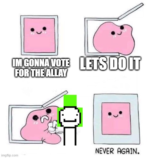 dream loves ruining mob votes | LETS DO IT; IM GONNA VOTE FOR THE ALLAY | image tagged in never again | made w/ Imgflip meme maker