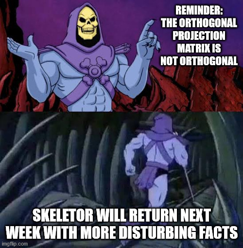 orthogonal projection is not orthogonal | REMINDER: THE ORTHOGONAL PROJECTION MATRIX IS NOT ORTHOGONAL; SKELETOR WILL RETURN NEXT WEEK WITH MORE DISTURBING FACTS | image tagged in the more you know skelletor,math,vector,geometry | made w/ Imgflip meme maker