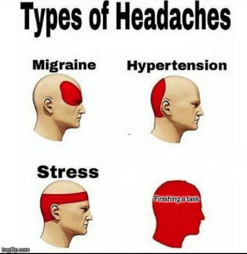 Types of Headaches meme | Finishing a task | image tagged in types of headaches meme | made w/ Imgflip meme maker