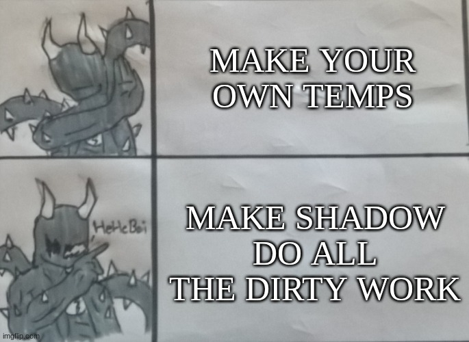 this is a joke | MAKE YOUR OWN TEMPS; MAKE SHADOW DO ALL THE DIRTY WORK | image tagged in spike hotline bling | made w/ Imgflip meme maker