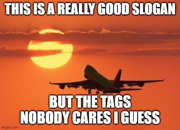 airplanelove | THIS IS A REALLY GOOD SLOGAN BUT THE TAGS
NOBODY CARES I GUESS | image tagged in airplanelove | made w/ Imgflip meme maker