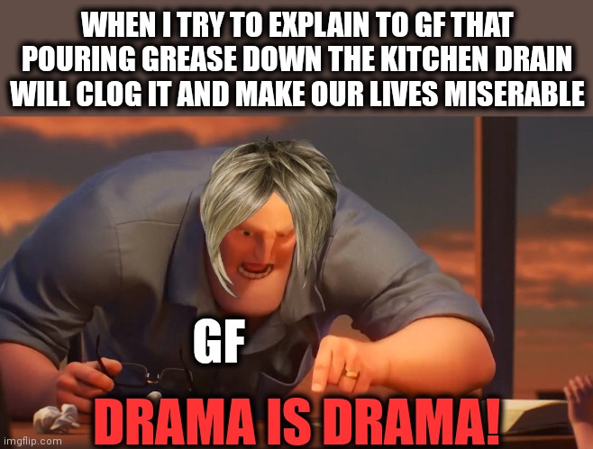 Drama is drama! | WHEN I TRY TO EXPLAIN TO GF THAT POURING GREASE DOWN THE KITCHEN DRAIN WILL CLOG IT AND MAKE OUR LIVES MISERABLE; GF; DRAMA IS DRAMA! | image tagged in blank is blank,gf,drama is drama,drain,kitchen | made w/ Imgflip meme maker