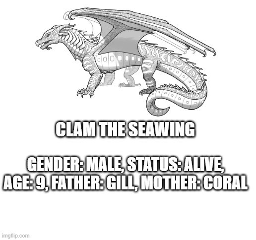 nvm | CLAM THE SEAWING; GENDER: MALE, STATUS: ALIVE, AGE: 9, FATHER: GILL, MOTHER: CORAL | image tagged in blank white template,wof,wings of fire,memes | made w/ Imgflip meme maker
