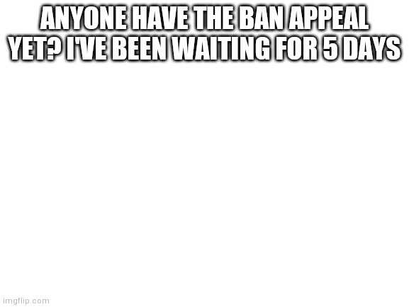 Blank White Template | ANYONE HAVE THE BAN APPEAL YET? I'VE BEEN WAITING FOR 5 DAYS | image tagged in blank white template | made w/ Imgflip meme maker