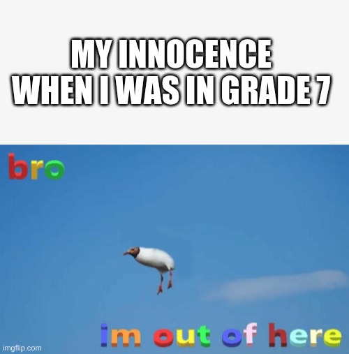 Fax | MY INNOCENCE WHEN I WAS IN GRADE 7 | image tagged in bro im out of here,rip,why are you reading this,stop reading the tags,bruh stop it | made w/ Imgflip meme maker