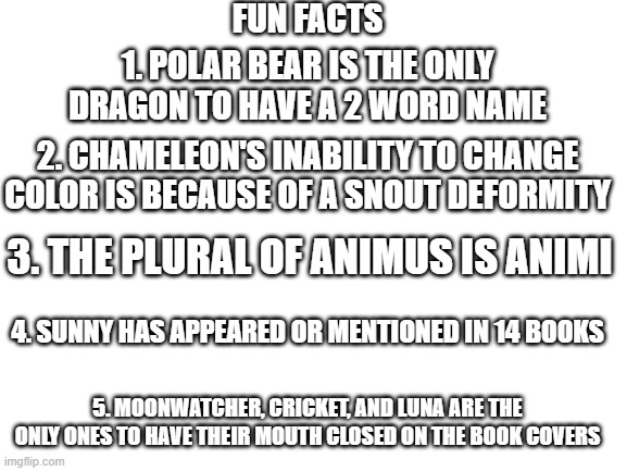 13 not including the winglets book prisoners | FUN FACTS; 1. POLAR BEAR IS THE ONLY DRAGON TO HAVE A 2 WORD NAME; 2. CHAMELEON'S INABILITY TO CHANGE COLOR IS BECAUSE OF A SNOUT DEFORMITY; 3. THE PLURAL OF ANIMUS IS ANIMI; 4. SUNNY HAS APPEARED OR MENTIONED IN 14 BOOKS; 5. MOONWATCHER, CRICKET, AND LUNA ARE THE ONLY ONES TO HAVE THEIR MOUTH CLOSED ON THE BOOK COVERS | image tagged in blank white template,fun fact,wof,wings of fire,memes | made w/ Imgflip meme maker