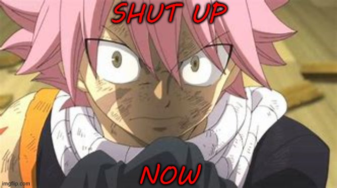 Angry Natsu | SHUT UP; NOW | image tagged in angry natsu | made w/ Imgflip meme maker