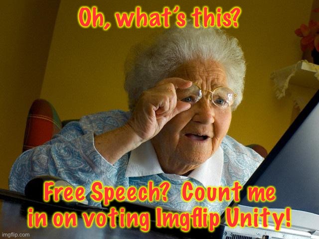 Make the Right Choice! | Oh, what’s this? Free Speech?  Count me in on voting Imgflip Unity! | image tagged in memes,grandma finds the internet | made w/ Imgflip meme maker
