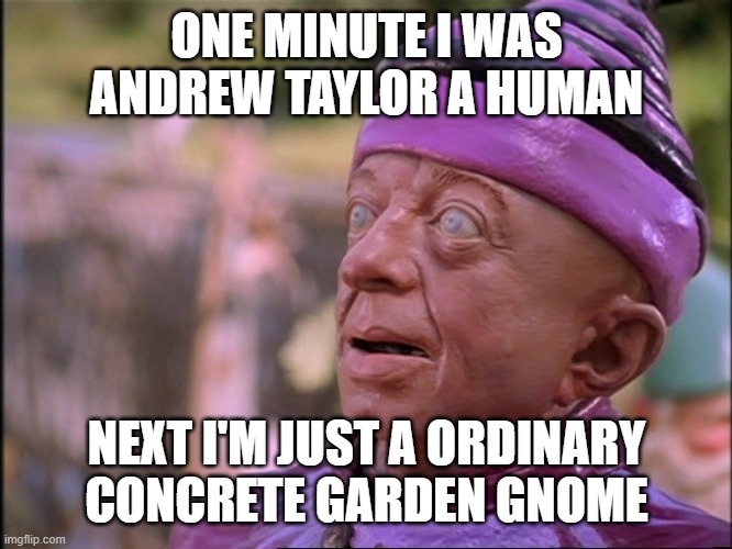 Andrew the Garden gnome | ONE MINUTE I WAS ANDREW TAYLOR A HUMAN; NEXT I'M JUST A ORDINARY CONCRETE GARDEN GNOME | image tagged in andrew the garden gnome | made w/ Imgflip meme maker