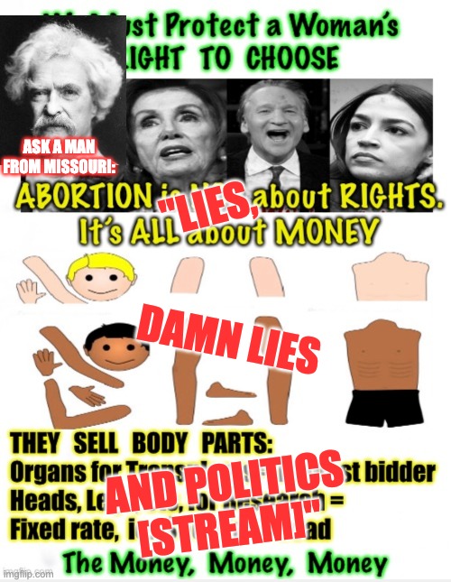 Troll of the day -- the absurd lies that people will tell and believe about abortion | ASK A MAN FROM MISSOURI:; "LIES, DAMN LIES; AND POLITICS [STREAM]" | image tagged in abortion,troll,lies,false | made w/ Imgflip meme maker